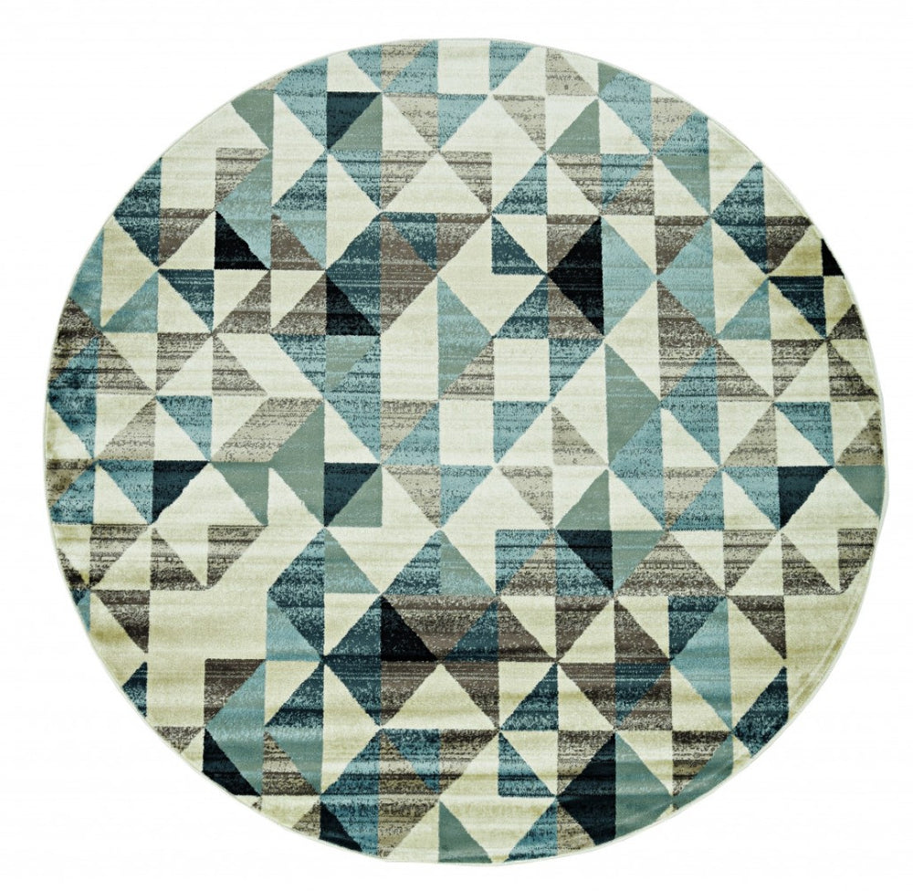 HomeRoots 8' Geometric Area Rug in Beige, Blue, and Gray - Modern Durable Design for Stylish Home Décor 8' Round 475246