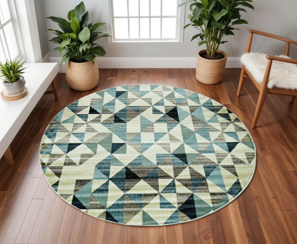 HomeRoots 8' Geometric Area Rug in Beige, Blue, and Gray - Modern Durable Design for Stylish Home Décor 8' Round 475246