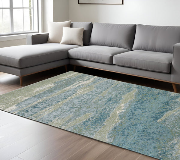 HomeRoots 5' Blue and Green Abstract Area Rug - Modern Style, Durable, Stain-Resistant for High-Traffic Areas 7' X 10' 475259