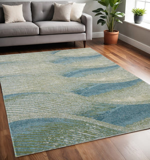 HomeRoots 5' Abstract Area Rug in Beige, Blue & Sage - Modern, Durable Design for Living Rooms & High Traffic Areas 5' X 8' 475268