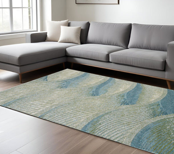 HomeRoots 5' Abstract Area Rug in Beige, Blue & Sage - Modern, Durable Design for Living Rooms & High Traffic Areas 7' X 10' 475269