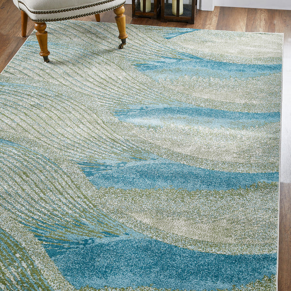 Homeroots 10' X 13' Blue Beige Abstract Waves Modern Area Rug  Polypropylene 475271