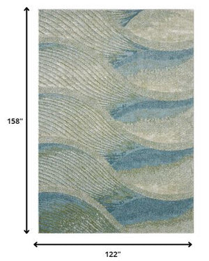 Homeroots 10' X 13' Blue Beige Abstract Waves Modern Area Rug  Polypropylene 475271