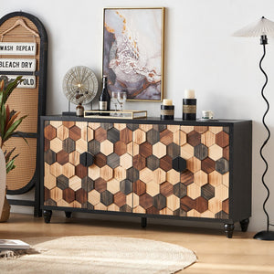 English Elm Distressed Honeycomb Storage Cabinet with Wood Knobs, Mid-Century Modern Sideboard Buffet in Black Brown W3040P382292