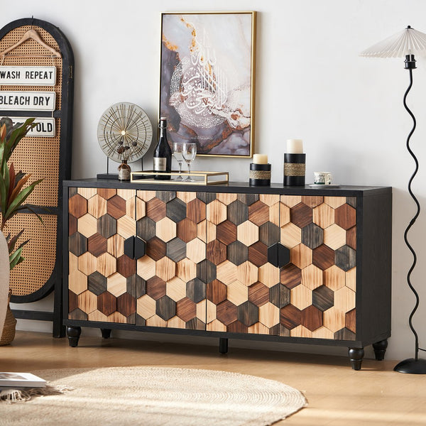 English Elm Distressed Honeycomb Storage Cabinet with Wood Knobs, Mid-Century Modern Sideboard Buffet in Black Brown W3040P382292