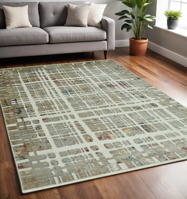 HomeRoots 4' Elegant Ivory Red and Blue Abstract Area Rug - Contemporary Design for Stylish Comfort and Durability 5' X 8' 475290