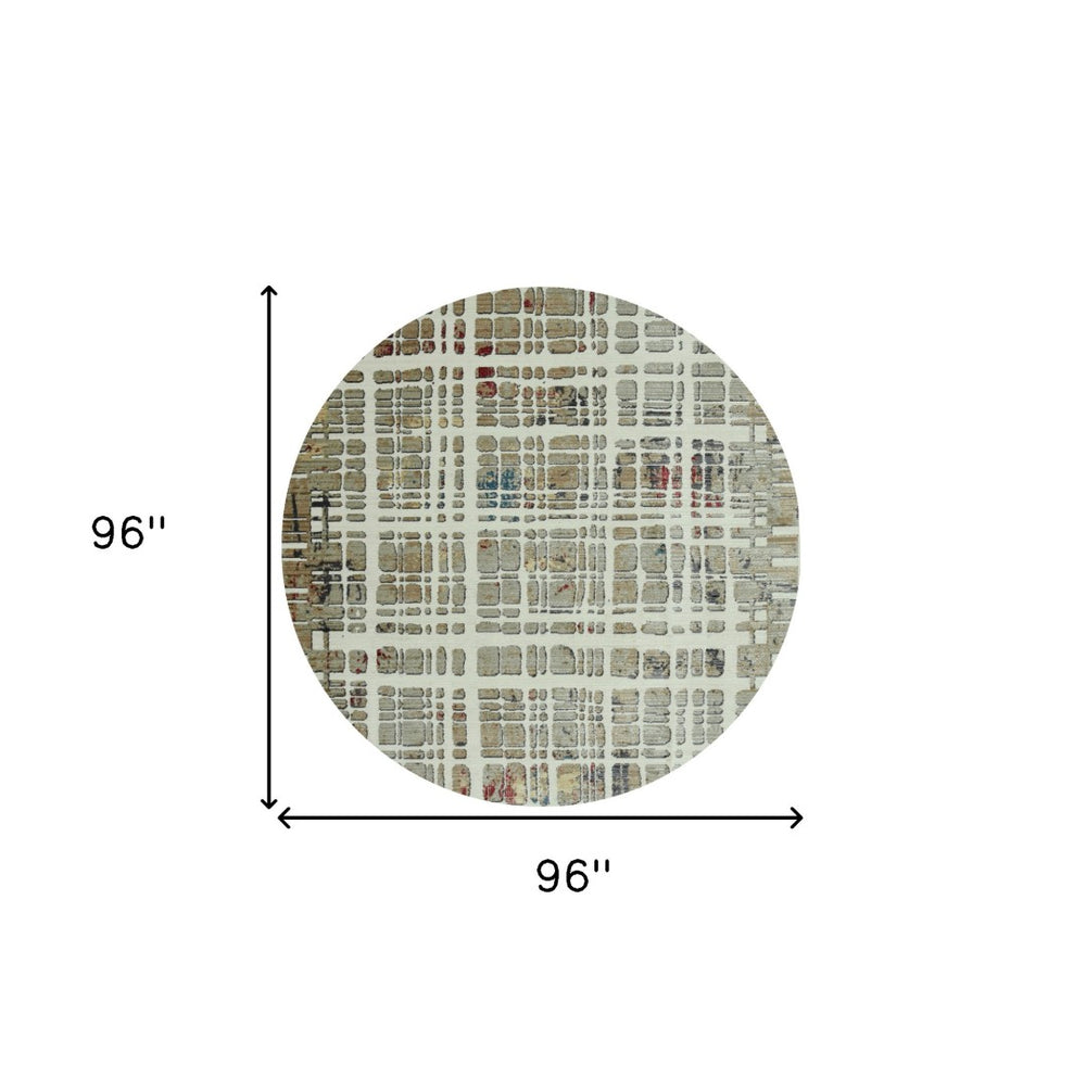 HomeRoots 8' Abstract Ivory, Red and Blue Rug - Modern Durable Design for Living Rooms and High-Traffic Areas 8' Round 475293