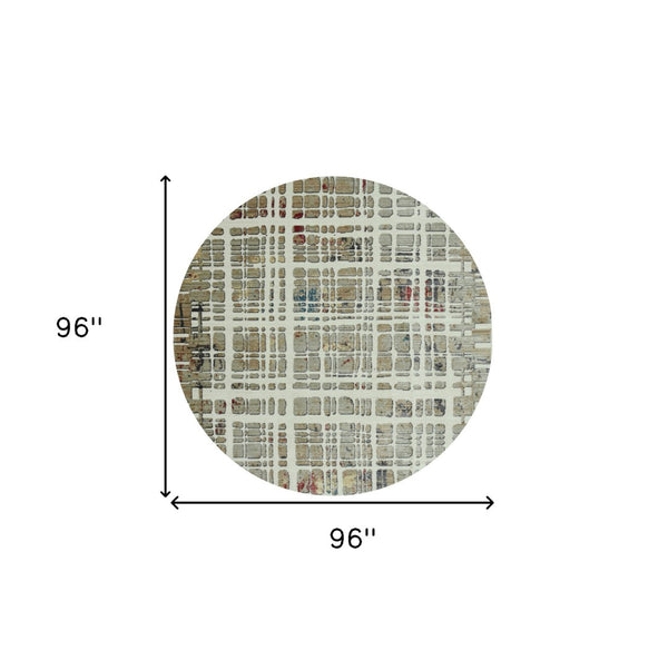 HomeRoots 8' Abstract Ivory, Red and Blue Rug - Modern Durable Design for Living Rooms and High-Traffic Areas 8' Round 475293