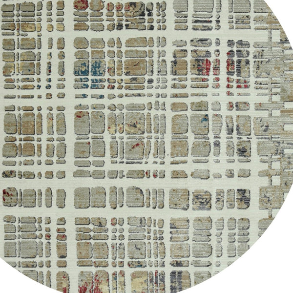 HomeRoots 8' Abstract Ivory, Red and Blue Rug - Modern Durable Design for Living Rooms and High-Traffic Areas 8' Round 475293