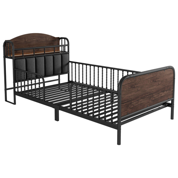 English Elm Twin Solid Wood Platform Bed with Guardrail for Kids, Low-Profile Sturdy Pine Frame, Safe Sleep Solution Black 43.7 L x 16.93 W x 9.65 H W2593P337436