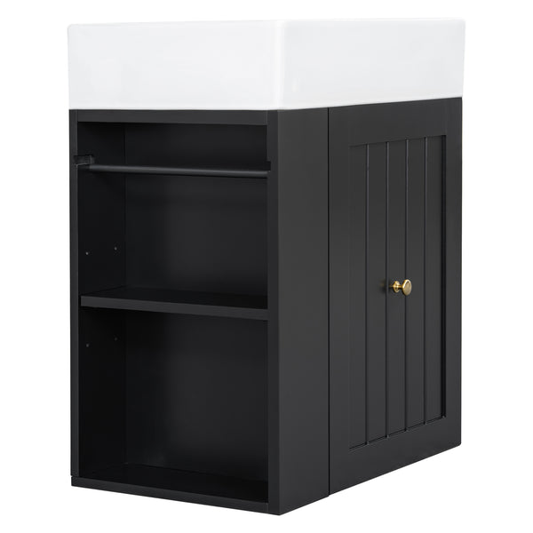English Elm 20-Inch Compact Bathroom Vanity with Ceramic Sink, Wall-Mounted MDF Cabinet, Modern Space-Saver Design Black N725P314023B