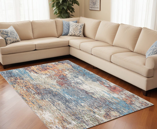 Homeroots 6' X 9' Blue And Beige Abstract Area Rug  Polyester 475308