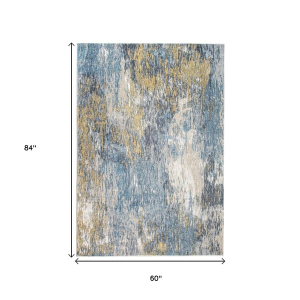HomeRoots 5' Blue and Gold Abstract Area Rug – Modern Painterly Design for Artistic Home Décor Enhancement 5' X 8' 475311