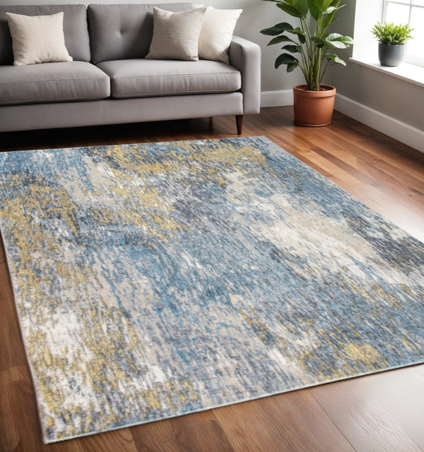 HomeRoots 5' Blue and Gold Abstract Area Rug – Modern Painterly Design for Artistic Home Décor Enhancement 5' X 8' 475311