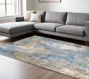 HomeRoots 5' Blue and Gold Abstract Area Rug – Modern Painterly Design for Artistic Home Décor Enhancement 6' X 9' 475312