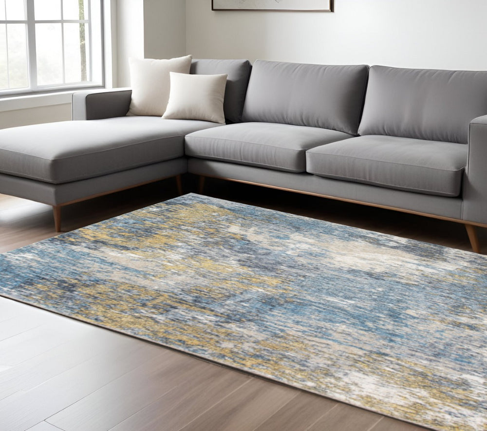 HomeRoots 8' Blue and Gold Abstract Area Rug - Contemporary Art for Modern Spaces, Soft & Durable Design 8' X 10' 475313