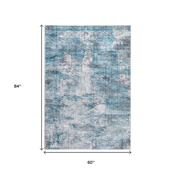 HomeRoots 5' Blue Gray Abstract Cuboid Area Rug for Modern Living Spaces - Durable, Stylish, and Easy Care 5' X 8' 475323