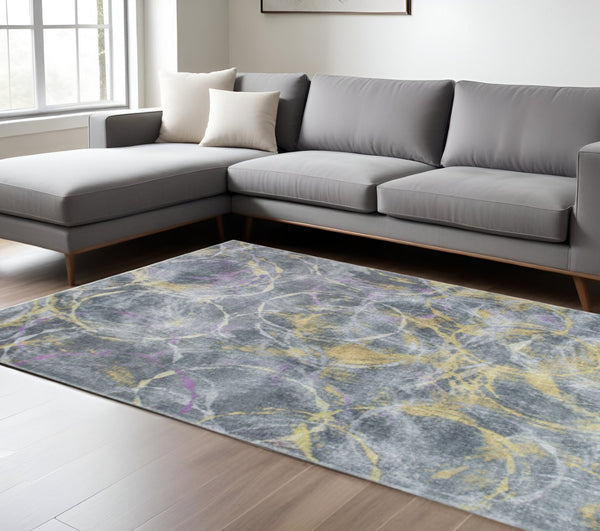 HomeRoots 5' Contemporary Abstract Area Rug in Gray, Yellow, and Purple - Stylish Durability for Any Space 6' X 9' 475336