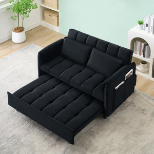 English Elm 52 Black Modern Velvet Sofa Bed 3-in-1 Convertible Loveseat with Pillows, Pockets, Metal Legs, 500lb Capacity W1658P266335