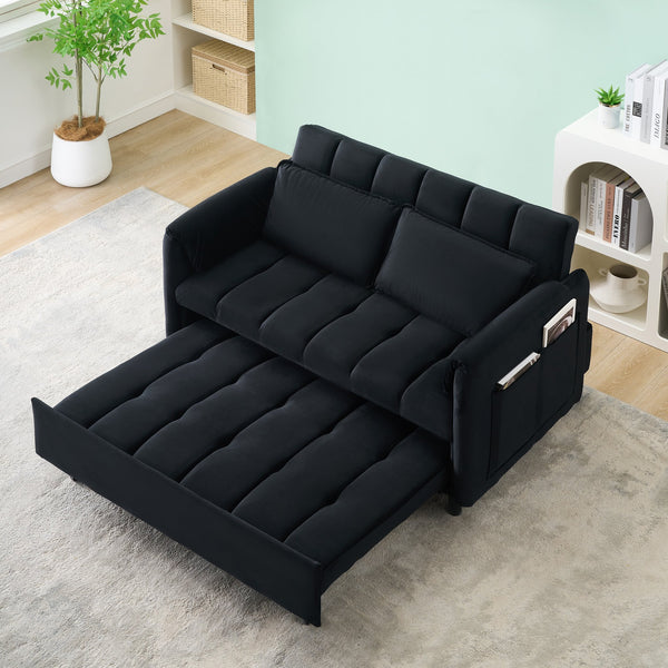 English Elm 52 Black Modern Velvet Sofa Bed 3-in-1 Convertible Loveseat with Pillows, Pockets, Metal Legs, 500lb Capacity W1658P266335