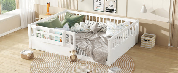 English Elm Queen Low Profile Kids Floor Bed with Guardrails Bookshelf and Pine Wood Frame White W1580P373142