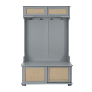 English Elm Clothes Hall Tree Storage Bench with Adjustable Shelves, Sliding Doors, Solid Poplar Feet & Shoe Bench Gray W2275P210041