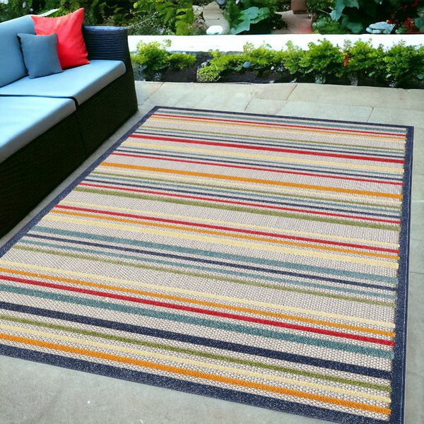 Homeroots 5' X 7' Ivory And Blue Striped Stain Resistant Indoor Outdoor Area Rug  Uv,Treated Polypropylene 475532