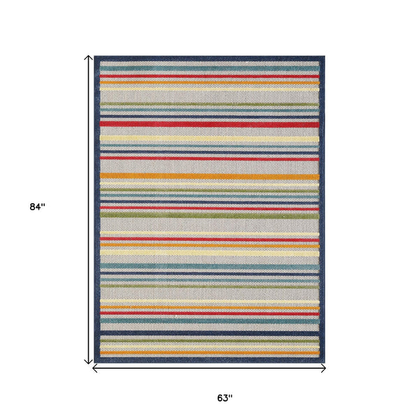Homeroots 5' X 7' Ivory And Blue Striped Stain Resistant Indoor Outdoor Area Rug  Uv,Treated Polypropylene 475532