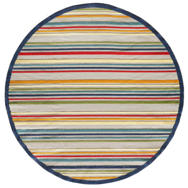 HomeRoots 5' Timeless Ivory and Blue Striped Stain-Resistant Area Rug for Indoor and Outdoor Spaces 8' Round Round 475537