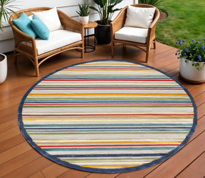 HomeRoots 5' Timeless Ivory and Blue Striped Stain-Resistant Area Rug for Indoor and Outdoor Spaces 8' Round Round 475537