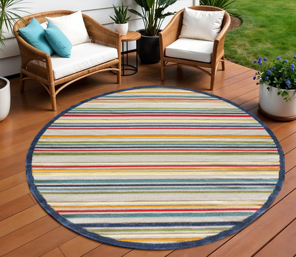 HomeRoots 5' Timeless Ivory and Blue Striped Stain-Resistant Area Rug for Indoor and Outdoor Spaces 8' Round Round 475537