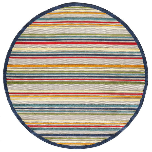 HomeRoots 5' Timeless Ivory and Blue Striped Stain-Resistant Area Rug for Indoor and Outdoor Spaces 8' Round Round 475537