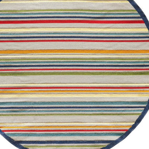 HomeRoots 5' Timeless Ivory and Blue Striped Stain-Resistant Area Rug for Indoor and Outdoor Spaces 8' Round Round 475537