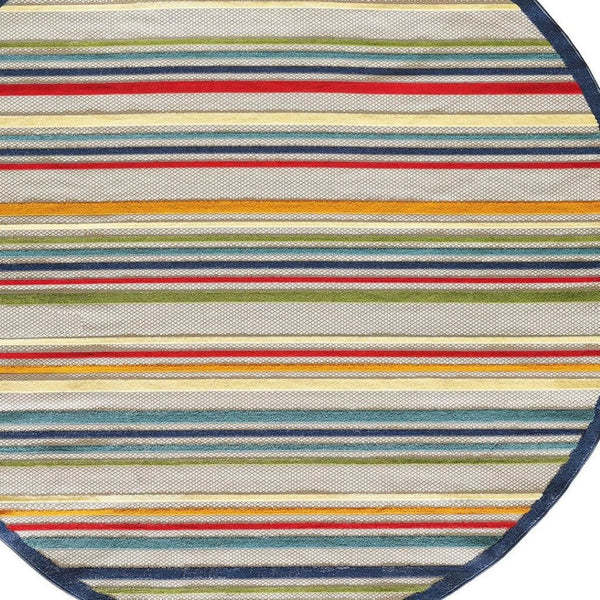 HomeRoots 5' Timeless Ivory and Blue Striped Stain-Resistant Area Rug for Indoor and Outdoor Spaces 8' Round Round 475537
