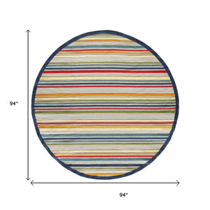 HomeRoots 5' Timeless Ivory and Blue Striped Stain-Resistant Area Rug for Indoor and Outdoor Spaces 8' Round Round 475537