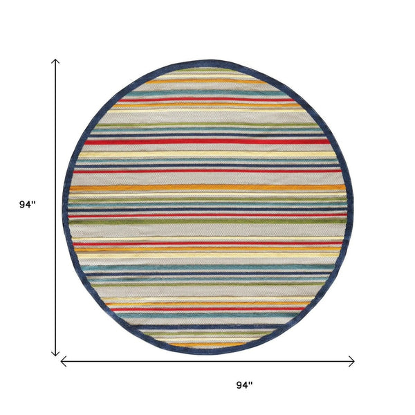 HomeRoots 5' Timeless Ivory and Blue Striped Stain-Resistant Area Rug for Indoor and Outdoor Spaces 8' Round Round 475537