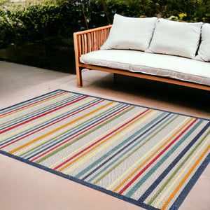 Homeroots 8' X 10' Ivory And Blue Striped Stain Resistant Indoor Outdoor Area Rug  Uv,Treated Polypropylene 475539