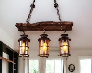 Homeroots Rustic Wood And Metal Three Light Hanging Lantern Chandelier   475564