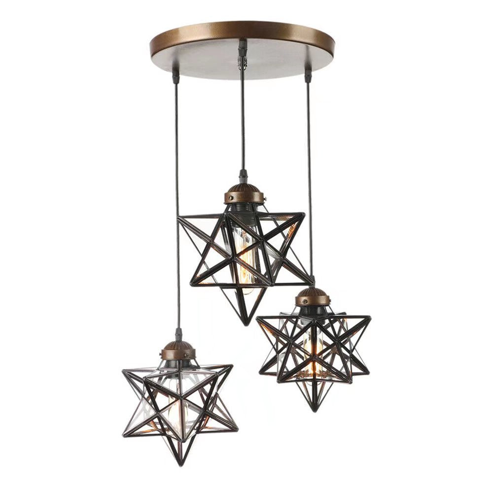 Homeroots Brown Metal And Glass Star Geometric Hanging Lamp   475572