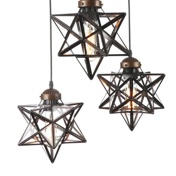 Homeroots Brown Metal And Glass Star Geometric Hanging Lamp   475572