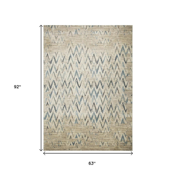 HomeRoots 5' Ivory and Blue Chevron Area Rug - Stylish, Durable Design Perfect for Family Rooms and High Traffic Areas 5' X 8' 475576