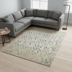 HomeRoots 5' Ivory and Blue Chevron Area Rug - Stylish, Durable Design Perfect for Family Rooms and High Traffic Areas 8' X 11' 475577