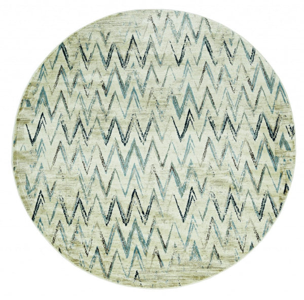 HomeRoots 8' Ivory and Blue Chevron Rug - Modern, Durable Design for Living Rooms, Playrooms, and High-Traffic Areas 8' Round 475578
