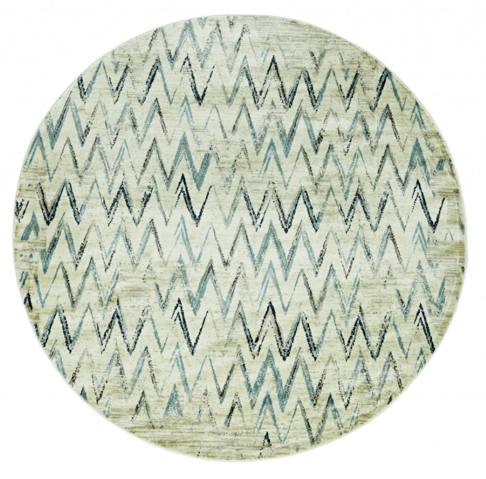 HomeRoots 8' Ivory and Blue Chevron Rug - Modern, Durable Design for Living Rooms, Playrooms, and High-Traffic Areas 8' Round 475578