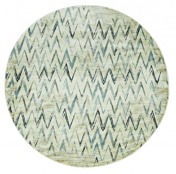 HomeRoots 8' Ivory and Blue Chevron Rug - Modern, Durable Design for Living Rooms, Playrooms, and High-Traffic Areas 8' Round 475578