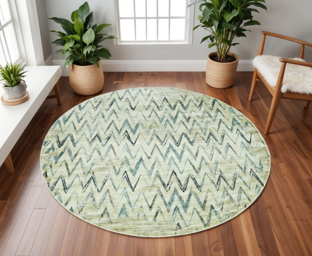 HomeRoots 8' Ivory and Blue Chevron Rug - Modern, Durable Design for Living Rooms, Playrooms, and High-Traffic Areas 8' Round 475578