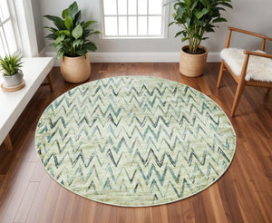 HomeRoots 8' Ivory and Blue Chevron Rug - Modern, Durable Design for Living Rooms, Playrooms, and High-Traffic Areas 8' Round 475578