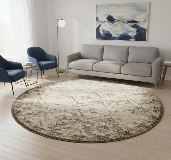 HomeRoots 8' Gray and Brown Abstract Rug - Contemporary Style, Stain Resistant, Durable Design for Any Space 8' Round 475583