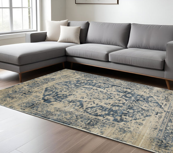 HomeRoots 5' Timeless Elegance Ivory and Blue Oriental Area Rug for Durable, Stylish Living Spaces Today! 5' X 8' 475586