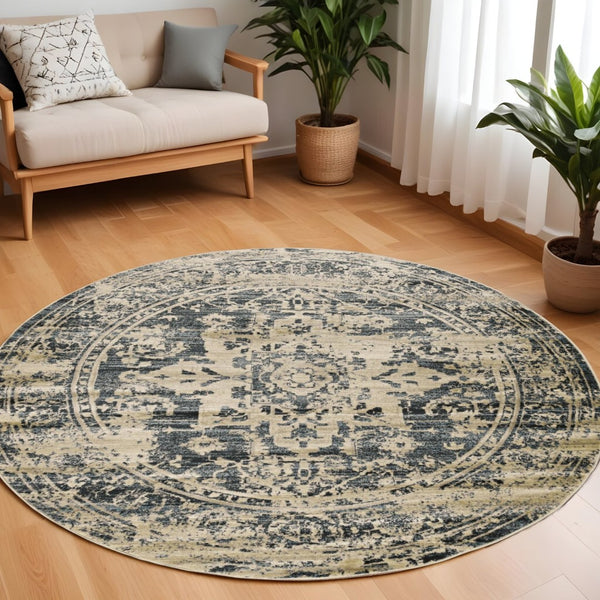 HomeRoots 5' Timeless Elegance Ivory and Blue Oriental Area Rug for Durable, Stylish Living Spaces Today! 8' Round 475588